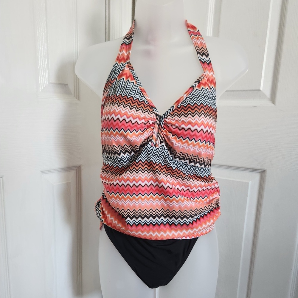 Zigzag Halter Tankini Top and Black Bottom